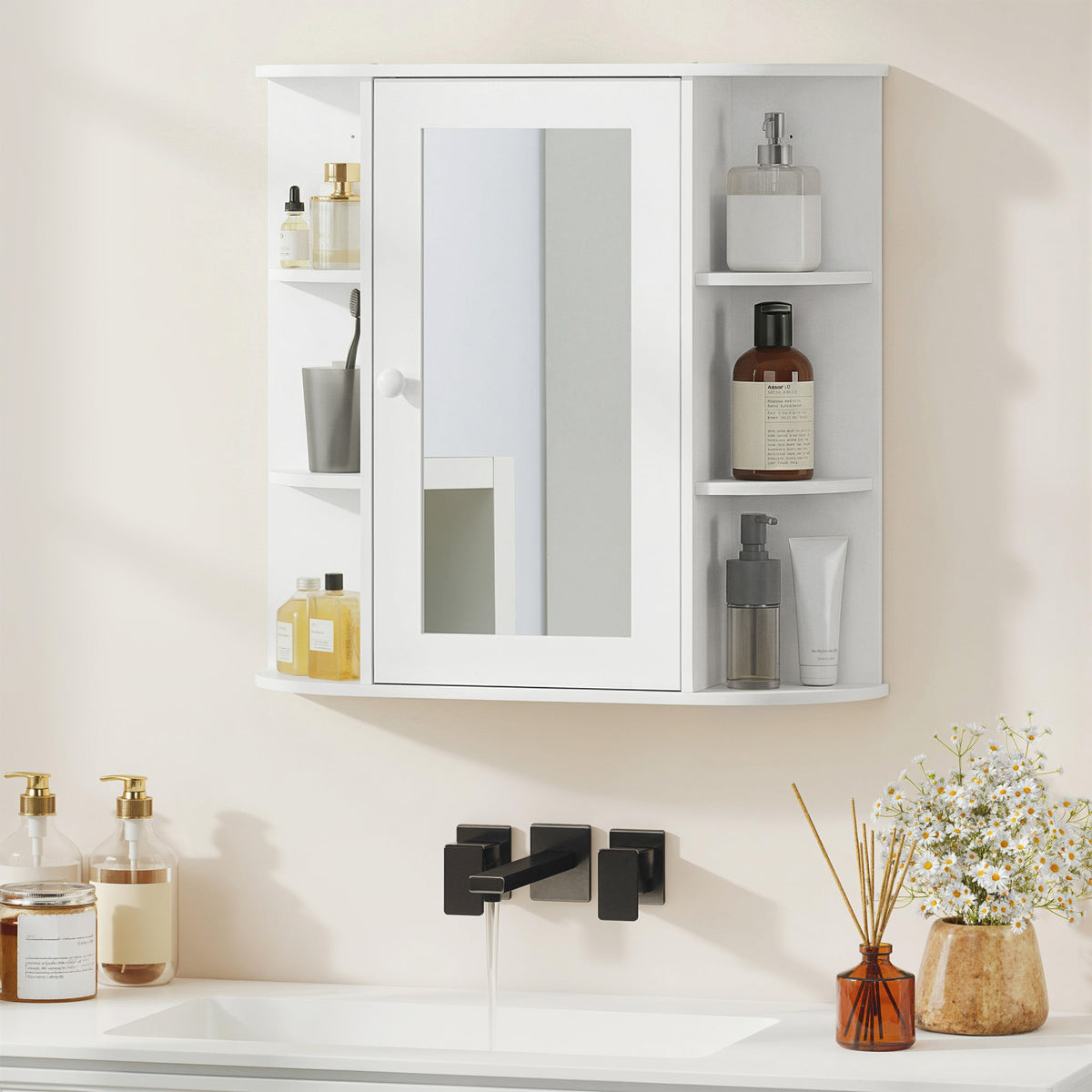Armoire Murale avec Miroir Salle de Bain Meuble Miroir avec Rangement Toilettes 1 Porte + étagères latérales-1