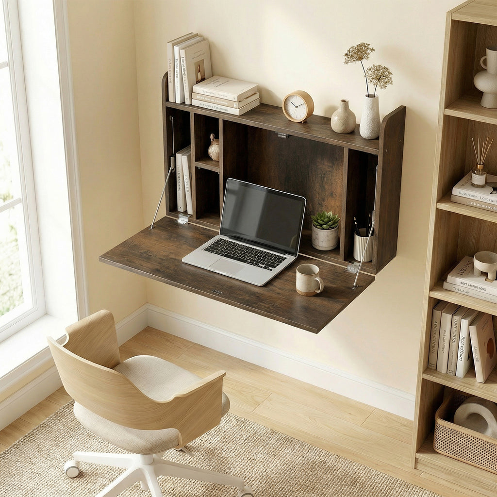Bureau suspendu table murale table d'ordinateur murale et tablette rabattable avec rangements - 77 x 20 x 51 cm-1