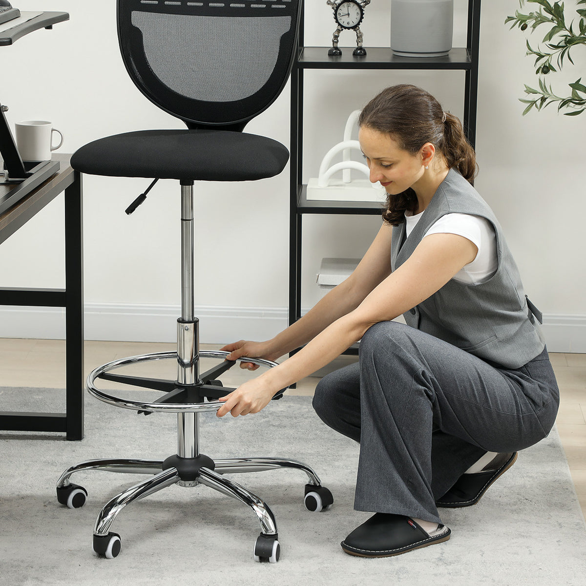 Chaise de bureau ergonomique en maille, chaise de dessin, hauteur et repose-pieds réglable, 59 x 59 x 106-126 cm, noir-8
