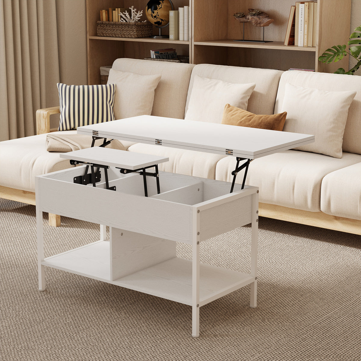 Table basse relevable et extensible, table de salon avec compartiment caché étagères ouvertes, 98x49x55cm, blanc-1