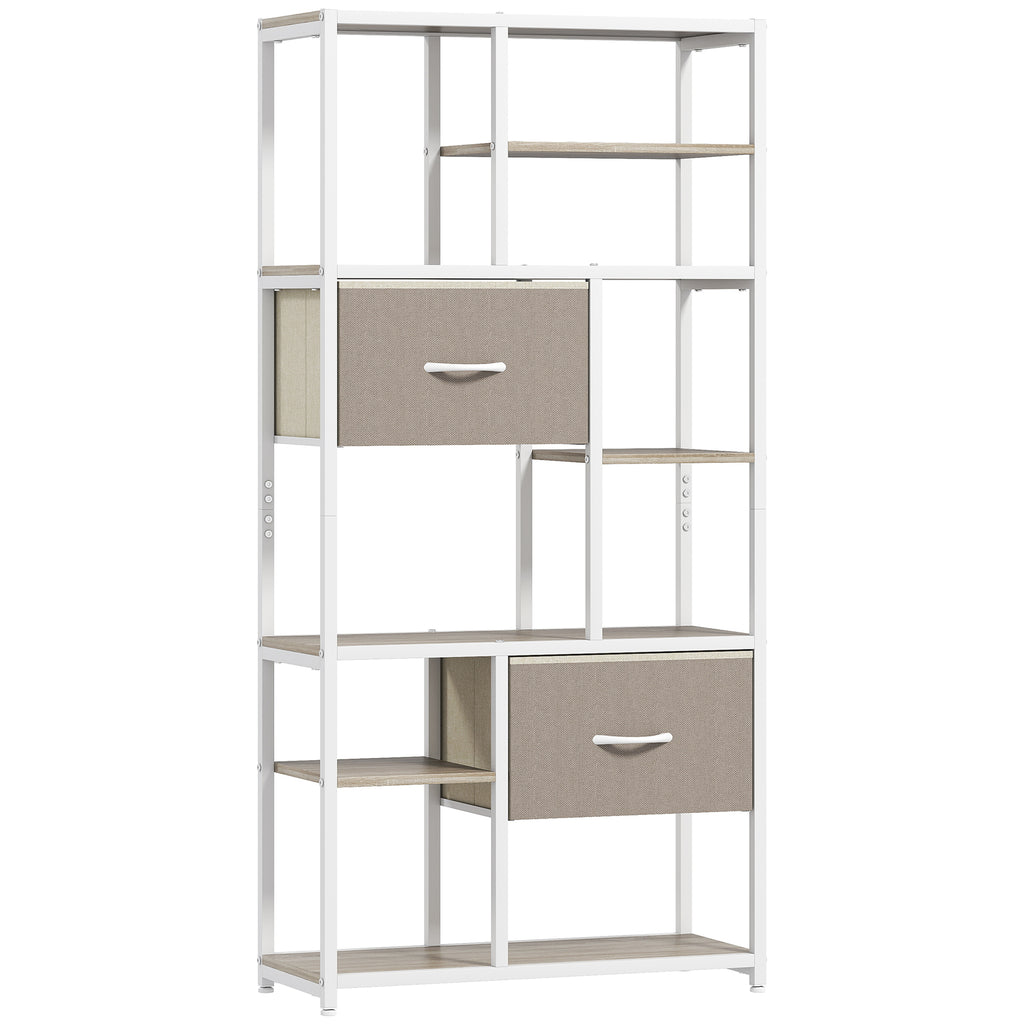 Étagère de rangement 6 niveaux, bibliothèque avec 2 tiroirs en tissu, 9 étagères ouvertes, 72,5 x 30 x 150 cm, blanc-0