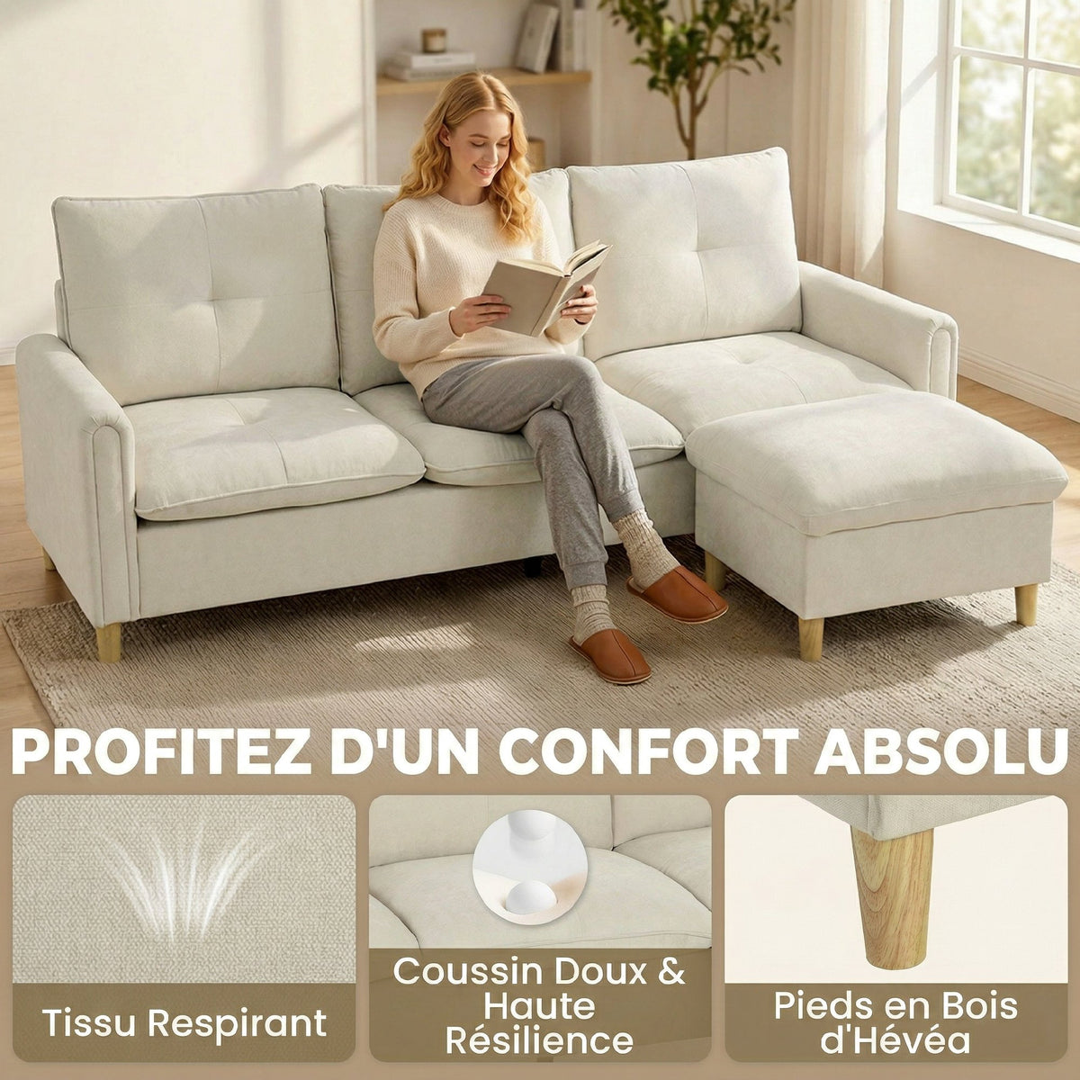 Canapé 3 places avec pouf de rangement, canapé d'angle modulable 210 cm, assise large, tissu aspect lin, crème-5