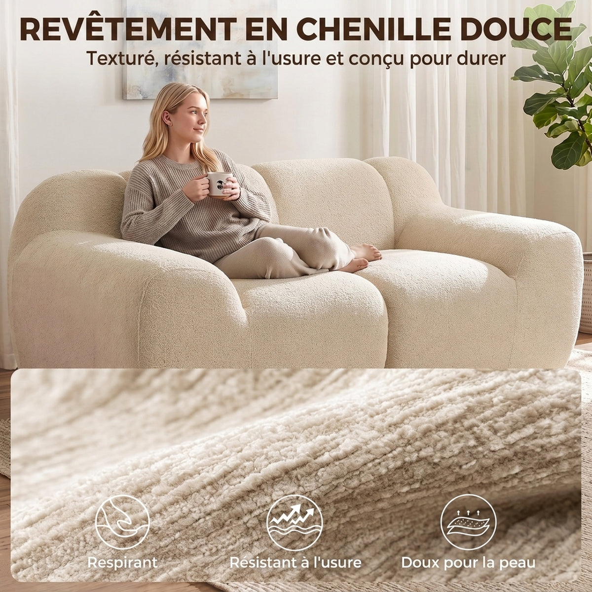 Canapé 2 Places en Chenille, Canapé de Salon 174cm, Assise et Accoudoirs Larges Rembourrés, Entièrement Compressé, Beige-6