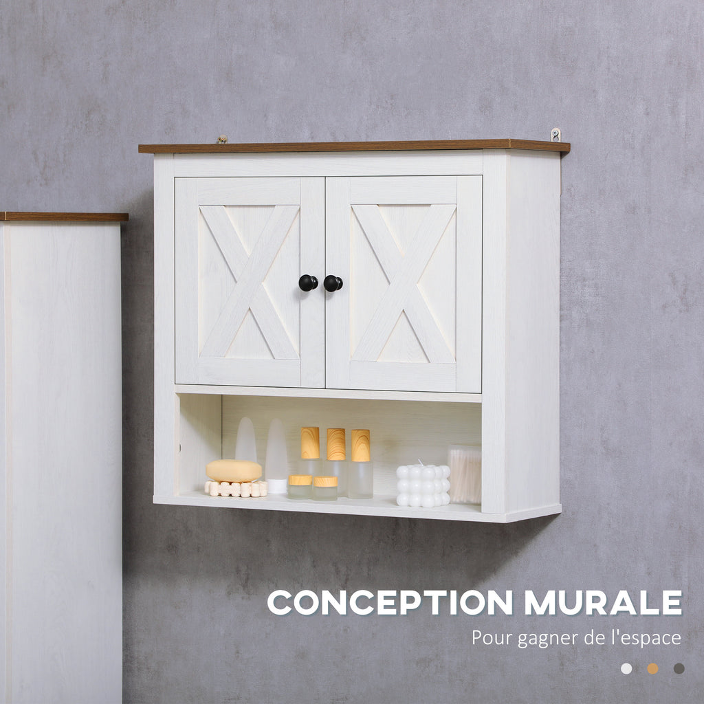 Armoire murale, armoire salle de bain avec placard à portess et compartiment ouvert, dim. 60 x 19,5 x 52,5 cm, blanc-4