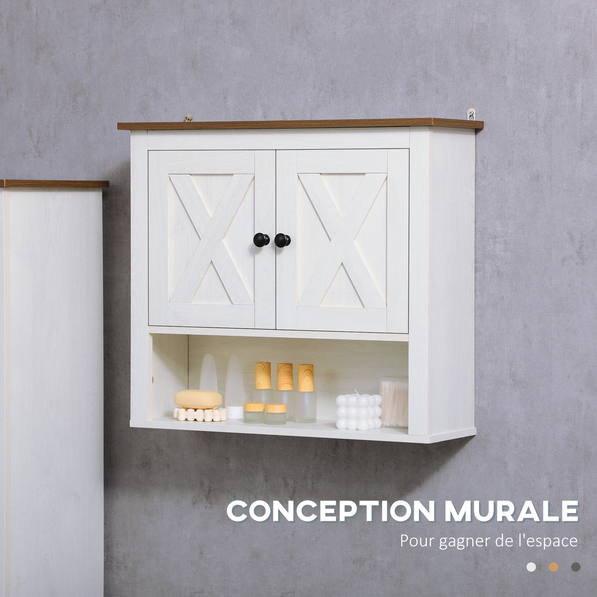 Armoire murale, armoire salle de bain avec placard à portess et compartiment ouvert, dim. 60 x 19,5 x 52,5 cm, blanc-4