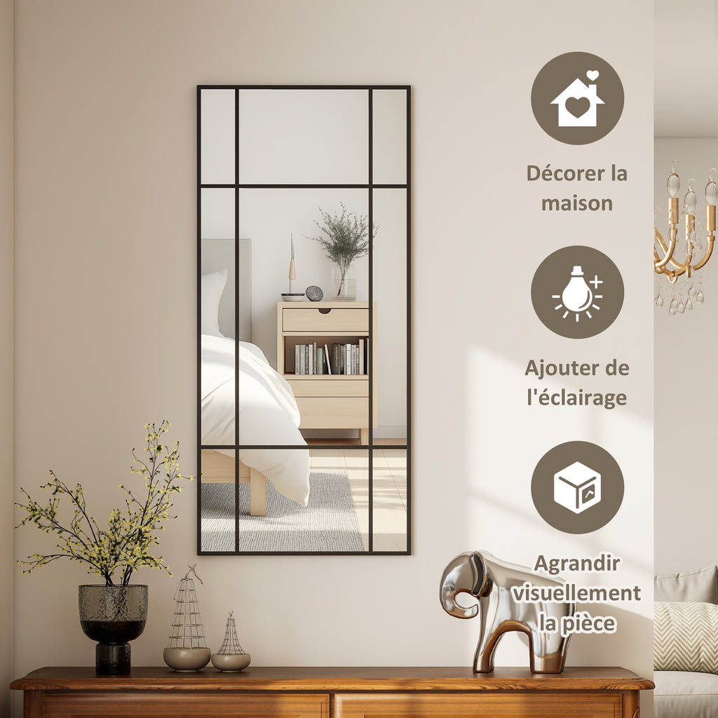 Miroir mural verrière rectangulaire style fenêtre, horizontal ou vertical avec 4 crochets, en métal noir - 110x50 cm-3