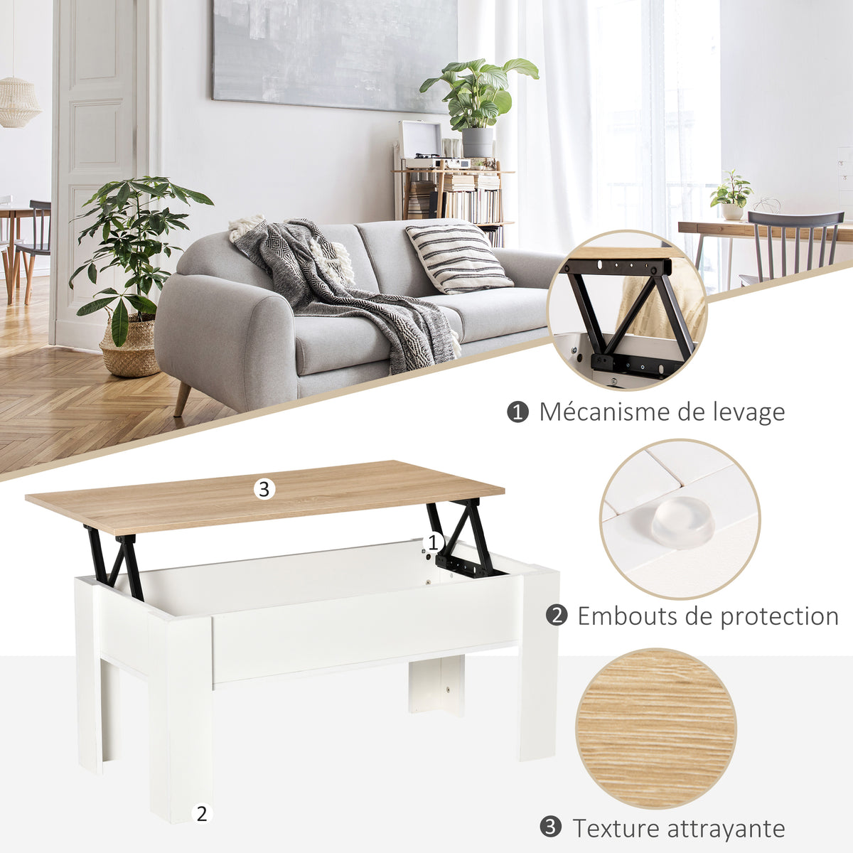Table basse relevable, table de salon avec compartiment caché, style moderne, pour salon, bureau, 100x50x45cm, blanc-5