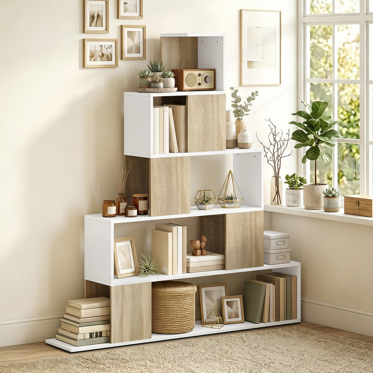 Étagère de rangement, bibliothèque géométrique à 5 niveaux, pour bureau, salon, chambre, blanc et bois naturel-1