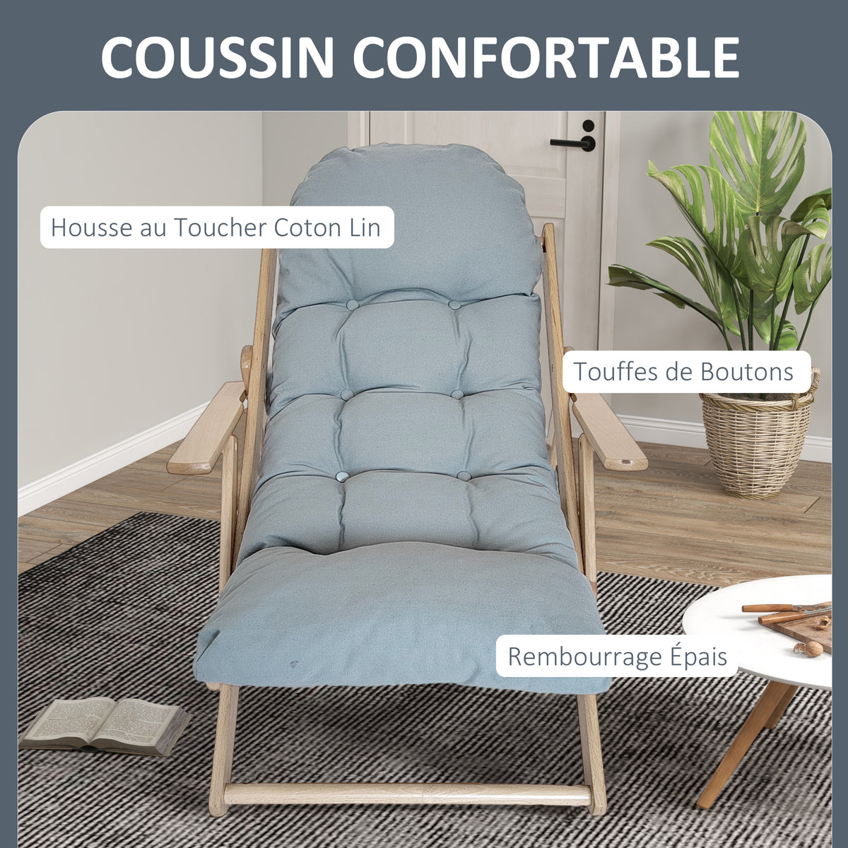 Fauteuil Chaise de Salon Pliable et inclinable en Bois Fauteuil Relax Confortable avec Coussin capitonné épais-4