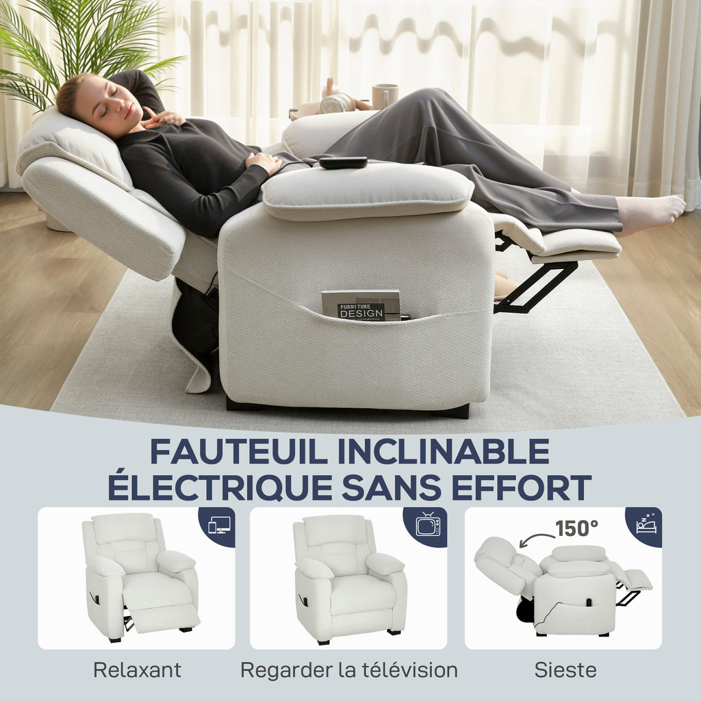 Fauteuil relax électrique fauteuil inclinable port USB repose-pieds poches latérales télécommande 86x90x103cm crème-3