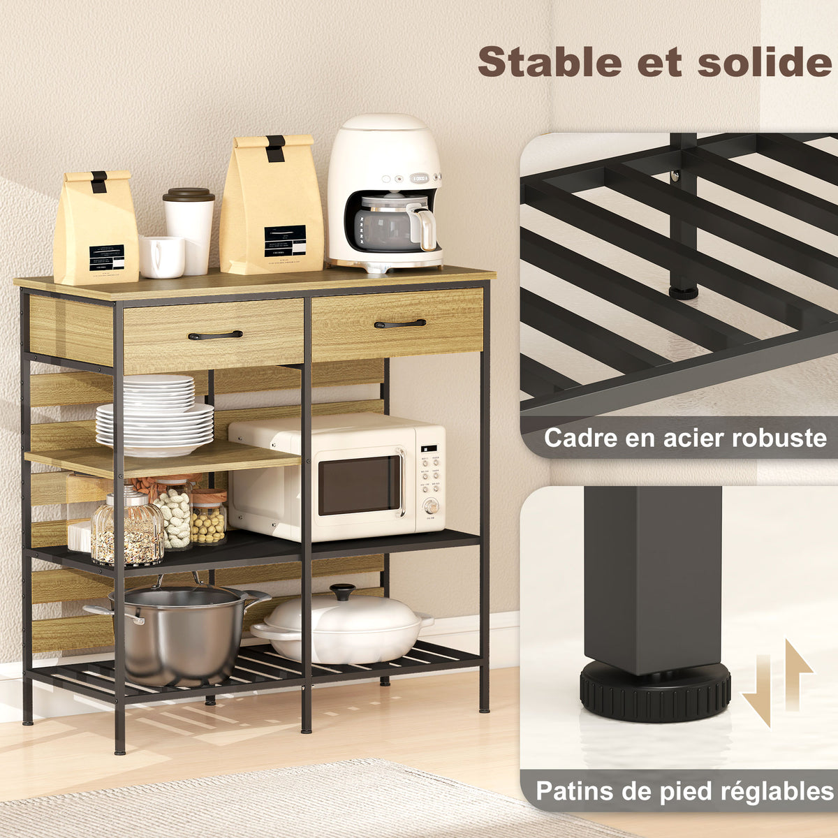 Buffet cuisine, meuble de rangement avec 2 tiroirs et 3 étagères ouvertes, 90 x 40 x 91 cm, bois naturel et noir-5