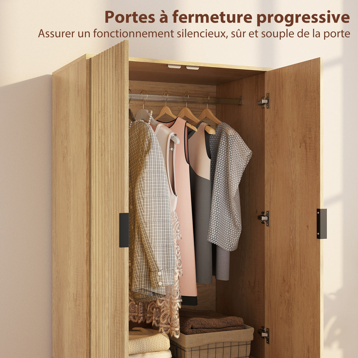 Armoire chambre penderie avec 2 portes à fermeture douce, 2 tiroirs et barre de suspension, 80x50x180cm, bois naturel-5