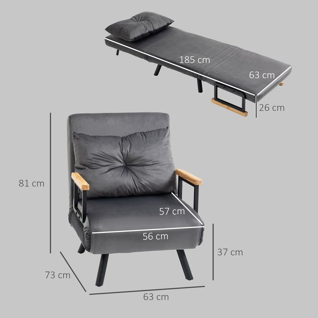 Fauteuil convertible 1 place fauteuil-lit chauffeuse 3 en 1 dossier réglable oreiller tissu velours 63x73x81cm gris-2