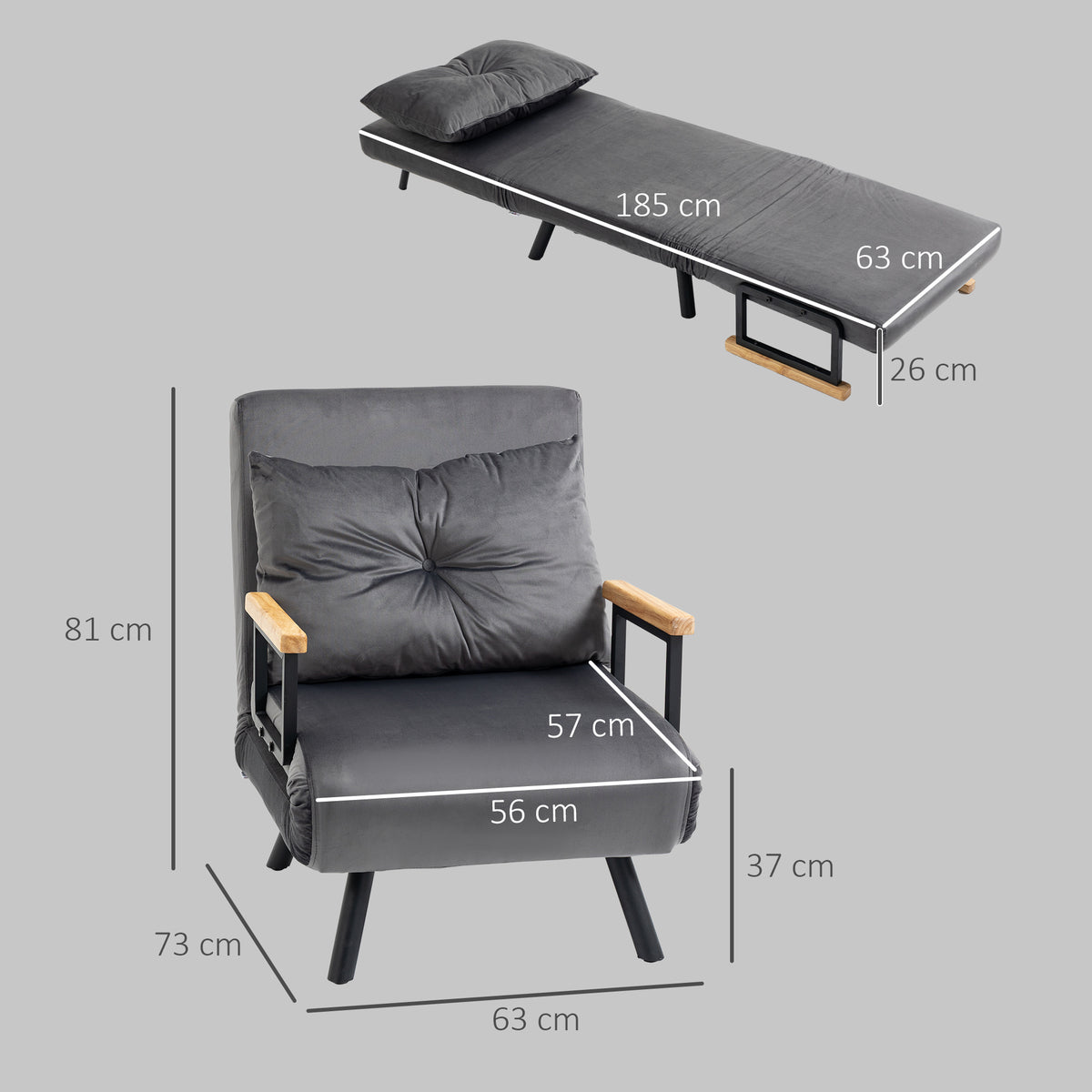 Fauteuil convertible 1 place fauteuil-lit chauffeuse 3 en 1 dossier réglable oreiller tissu velours 63x73x81cm gris-2