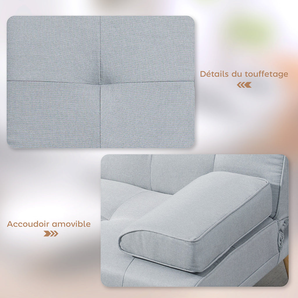 Canapé convertible 3 places, canapé-lit rembourré avec dossier réglable 3 niveaux, 2 coussins et 2 porte-gobelets intégrés, tissu de lin, pour salon, chambre d'amis, petit espace, gris clair-5