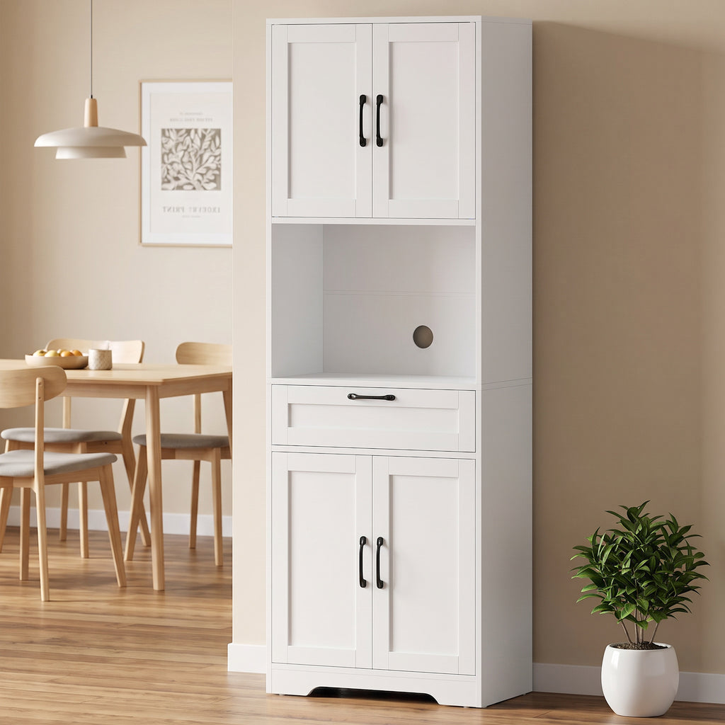 Buffet Haut Cuisine, Armoire Cuisine, 4 Portes à Fermeture Douce, Tiroir, Compartiment Ouvert, Étagères Réglables, Blanc-1