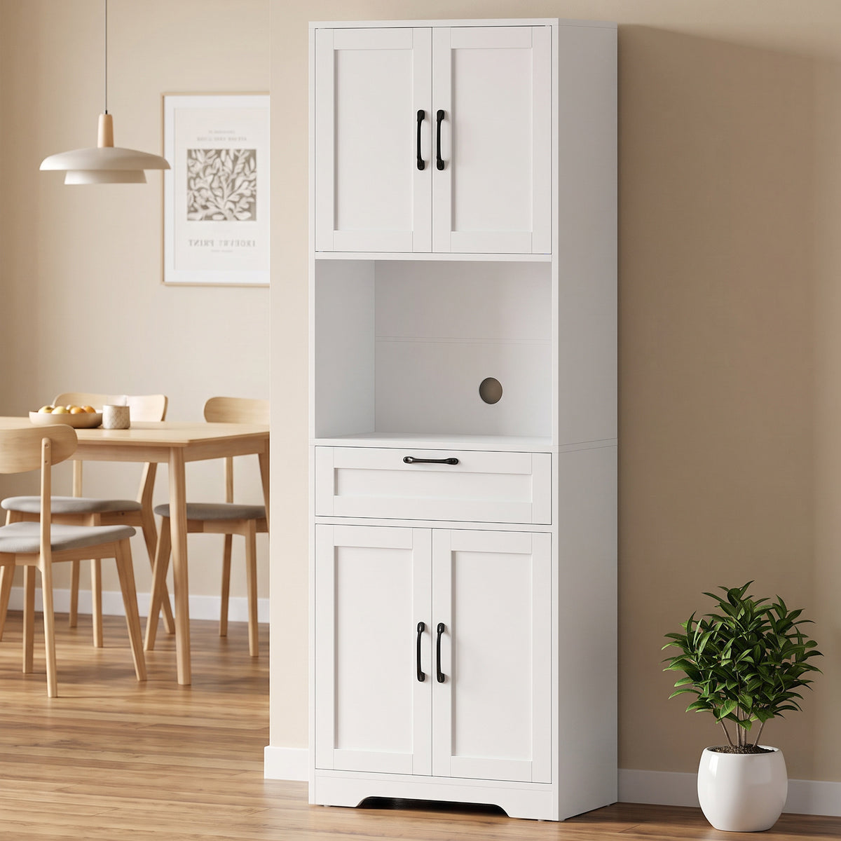 Buffet Haut Cuisine, Armoire Cuisine, 4 Portes à Fermeture Douce, Tiroir, Compartiment Ouvert, Étagères Réglables, Blanc-1