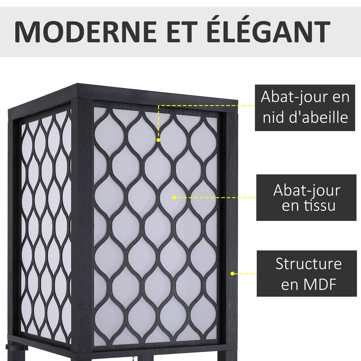 Lampadaire étagère Lampe étagère 26L x 26l x 160H cm 4 Niveaux MDF Noir Motif nid d'abeille-3