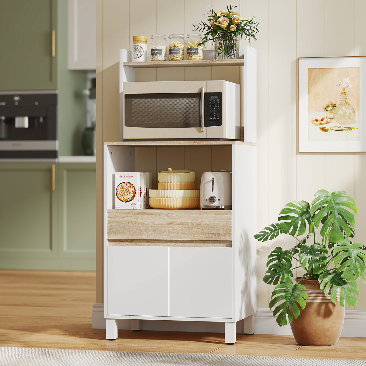 Meuble micro onde, buffet cuisine avec placard tiroir étagère supérieur, 60 x 40 x 131 cm chêne et blanc-8