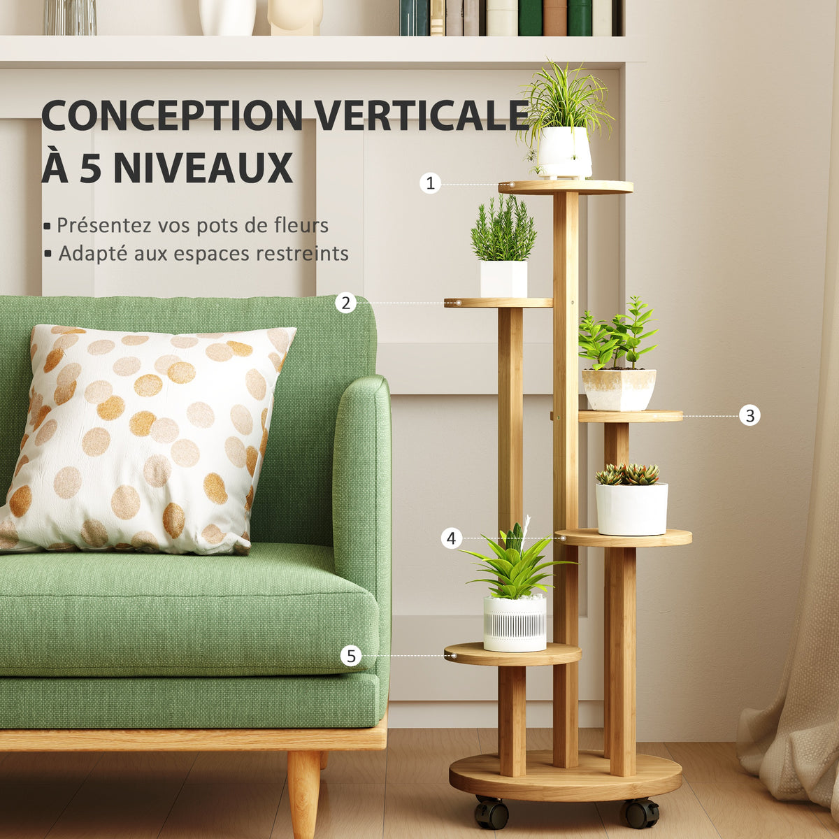 Étagère à plantes en bambou étagères rondes à fleurs support de pots de fleurs 5 niveaux bois naturel-3