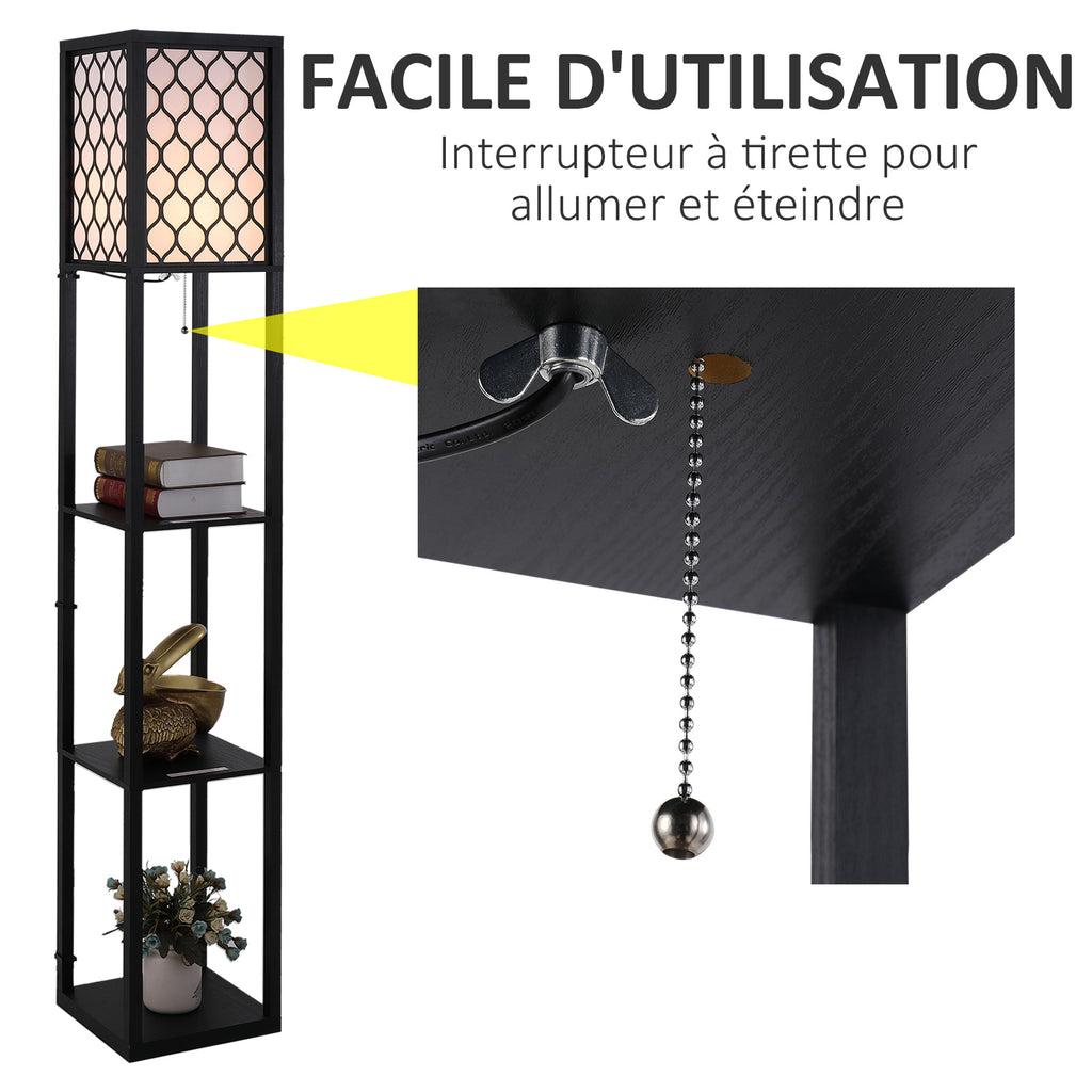 Lampadaire étagère Lampe étagère 26L x 26l x 160H cm 4 Niveaux MDF Noir Motif nid d'abeille-4