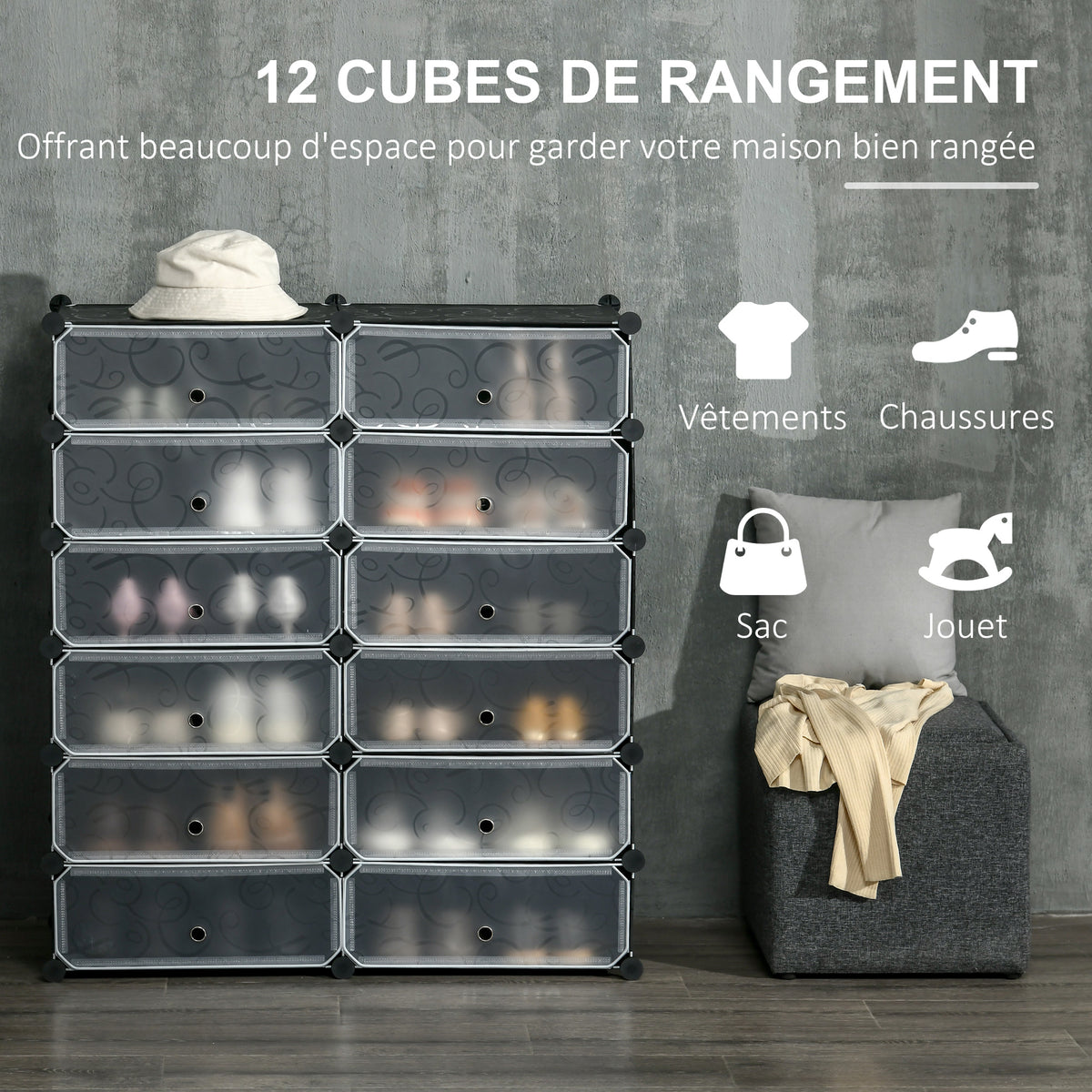 Armoire meuble à chaussures modulable 94L x 37l x 108H cm 12 cubes rectangulaires capacité 24 paires de chaussures-3