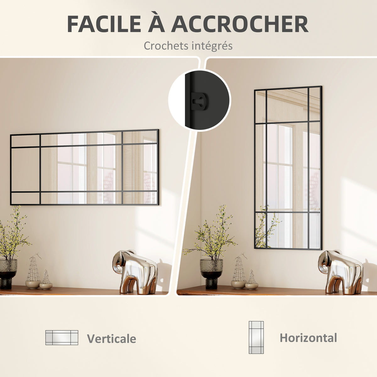 Miroir mural verrière rectangulaire style fenêtre, horizontal ou vertical avec 4 crochets, en métal noir - 110x50 cm-4