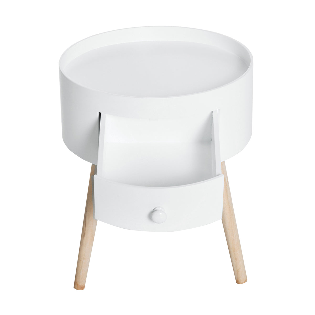 Table basse - table de chevet - table de nuit ronde - design scandinave table d'appoint bout de canapé avec tiroir pieds effilés inclinés bois massif chêne clair blanc-6