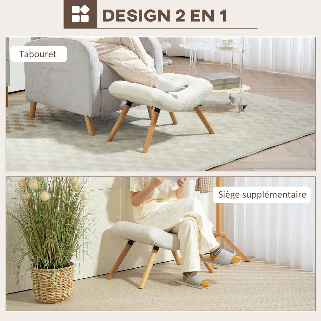 Repose pied salon ottoman pouf salon tabouret de canapé en tissu avec pieds en bois de hêtre, siège rembourré, crème-4