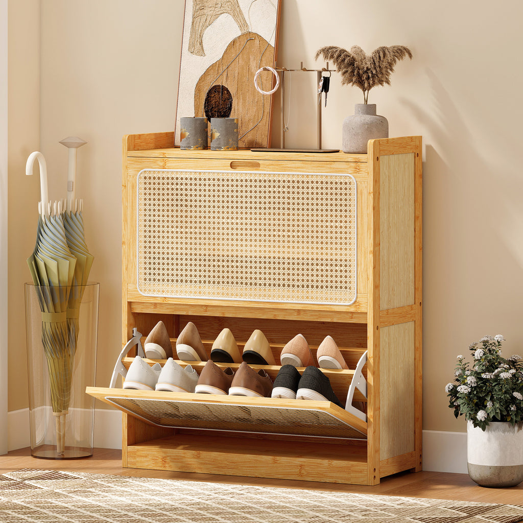 Meuble à chaussures 14 paires, armoire à chaussures 2 tiroirs rabattables, étagères réglables, 69x29x83cm, bois naturel-1