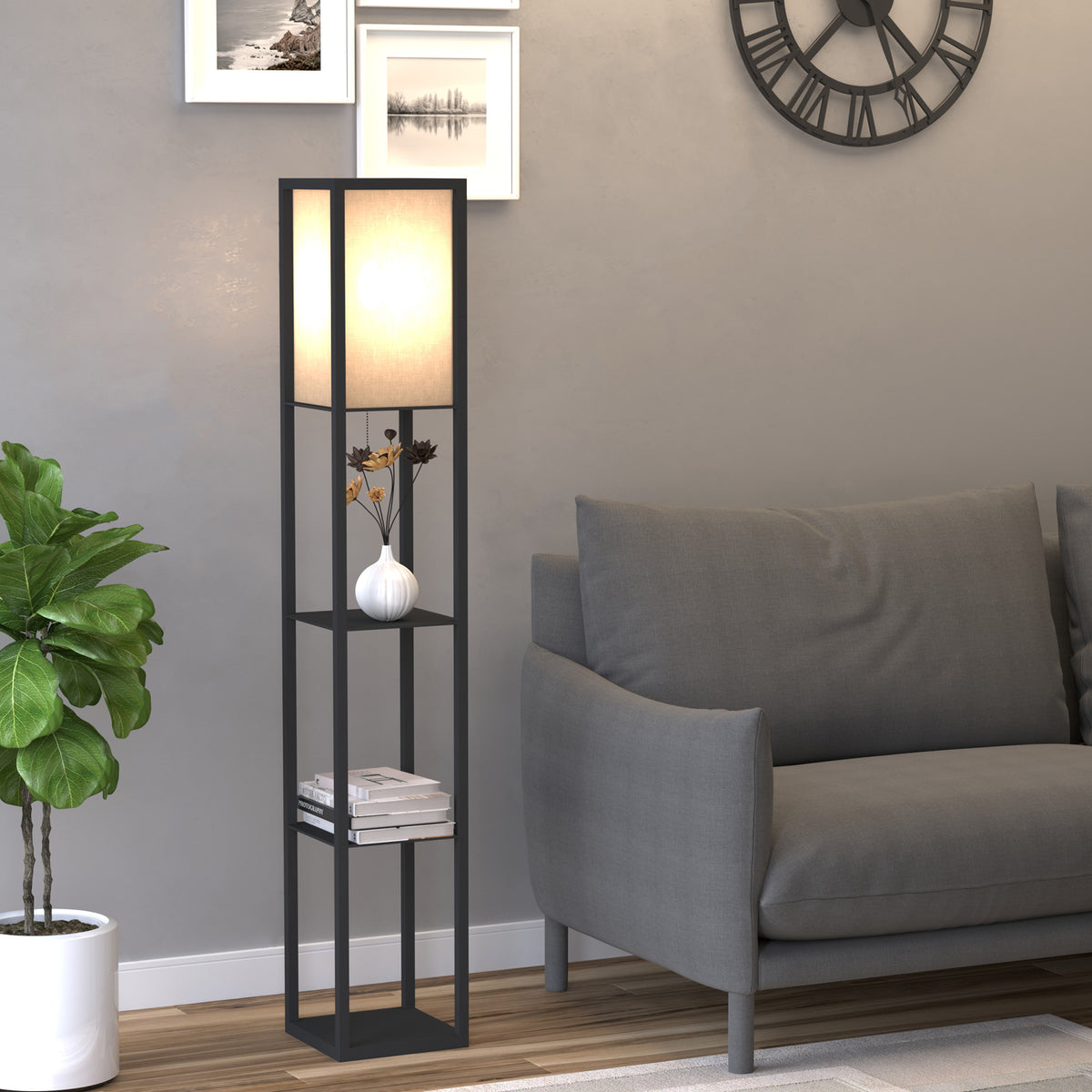 Lampadaire étagère 26L x 26l x 160H cm 3 étagères 4 Niveaux MDF Noir-9