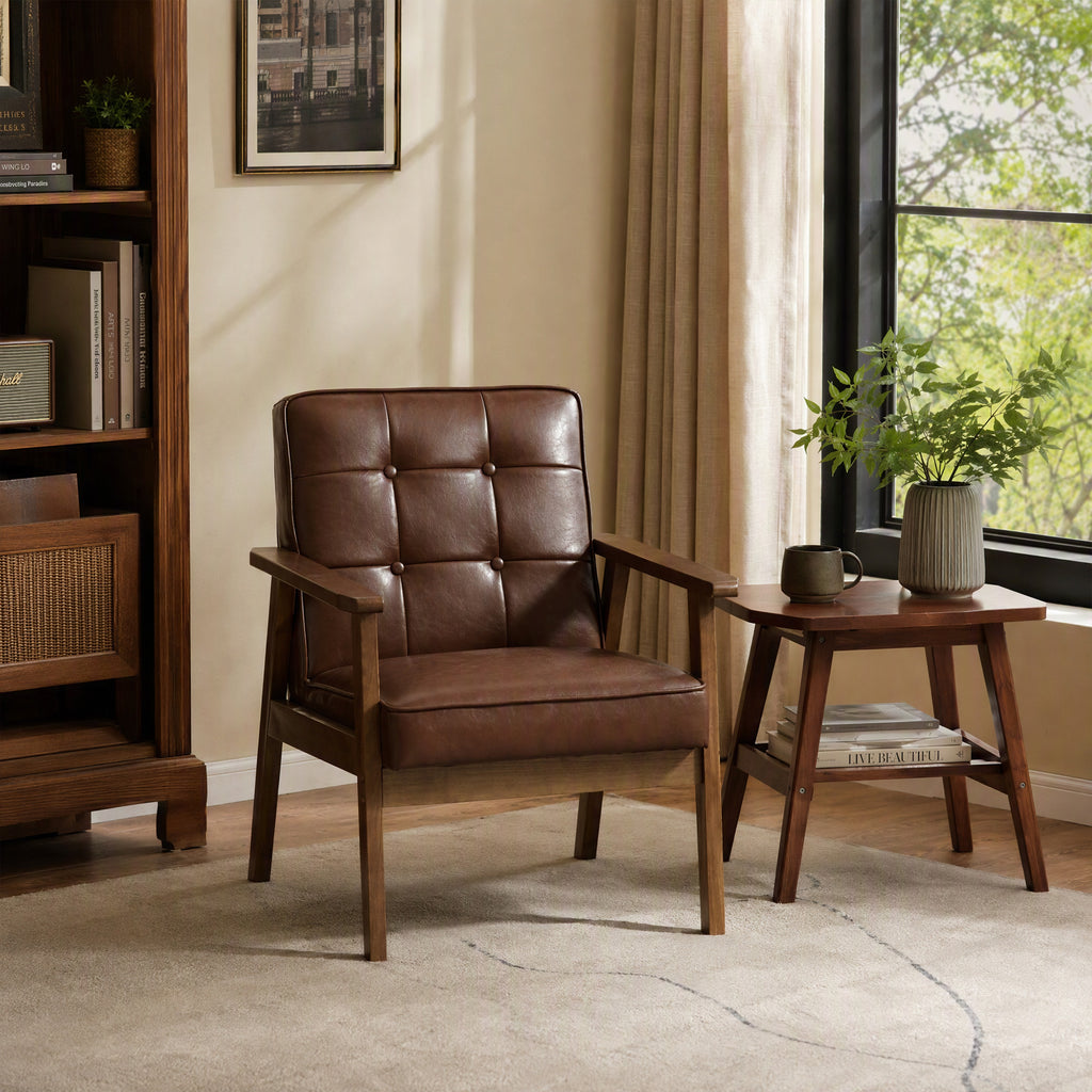Fauteuil de salon, fauteuil de chambre en cuir synthétique, dossier capitonné, pieds en bois massif, 64x73x81cm, marron-8