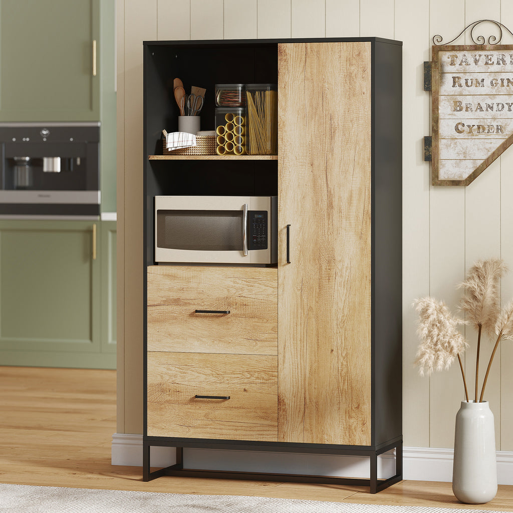 Armoire de cuisine meuble de rangement, 2 tiroirs 1 placard 2 niches et étagères réglables, 88x35x160cm, noir et naturel-1