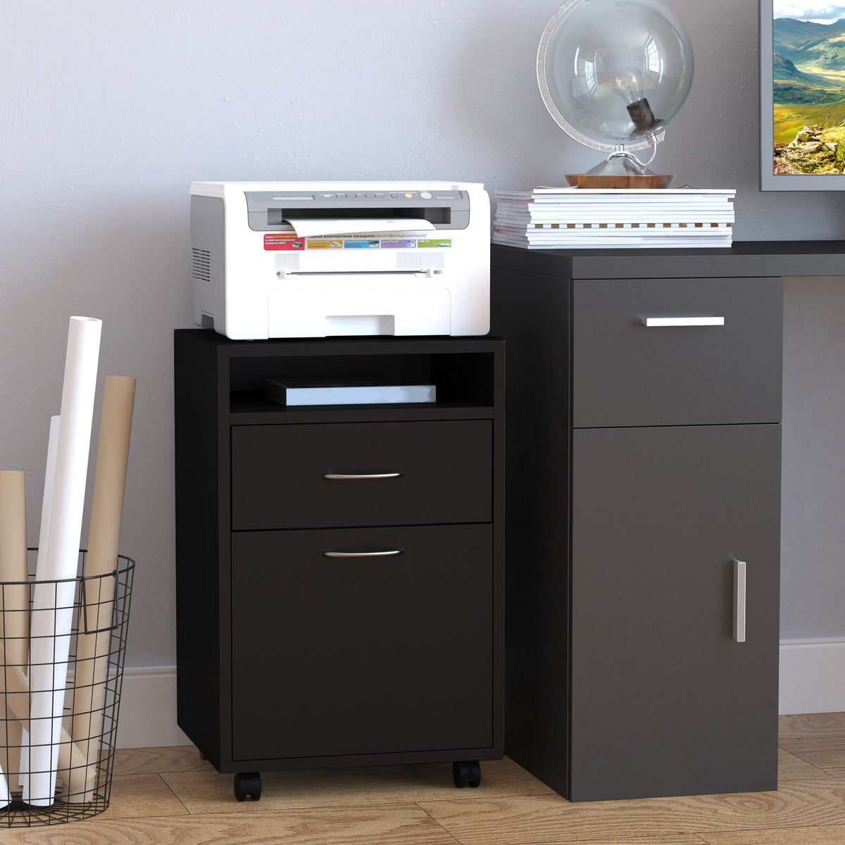 Caisson de bureau rangement bureau sur roulettes tiroir placard niche panneaux particules noir-6
