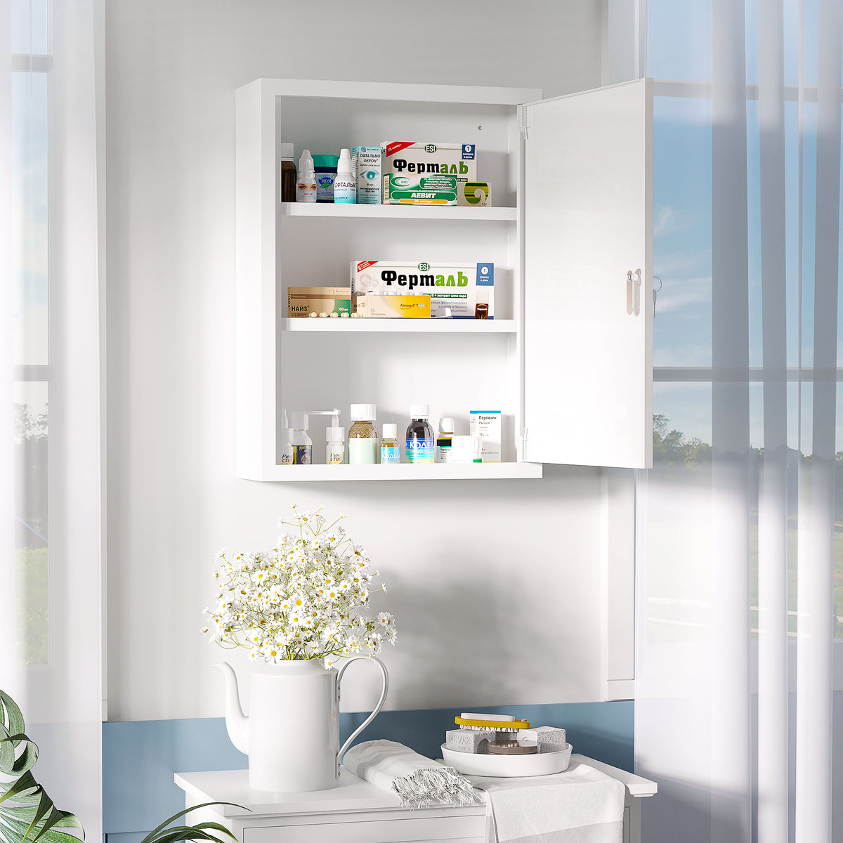 Armoire à pharmacie murale en acier, armoire à médicaments à 3 niveaux porte verrouillable 2 clés, 40x15x53,5cm, blanc-1