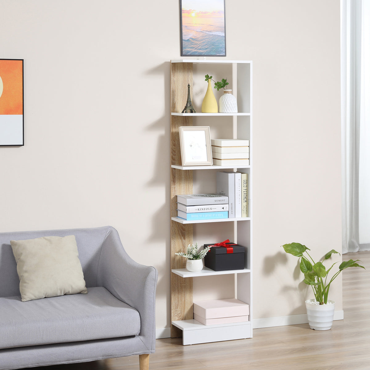 Bibliothèque Étagère de Rangement avec 5 Compartiments Ouverts Design Simple Moderne Blanc et Chêne-1