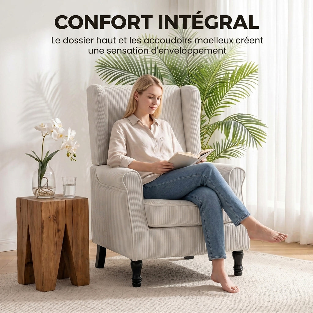 Fauteuil de Salon, Fauteuil d'Appoint Moderne en Velours Côtelé avec Haut Dossier à Oreilles, Coussin Lombaire, Beige-4