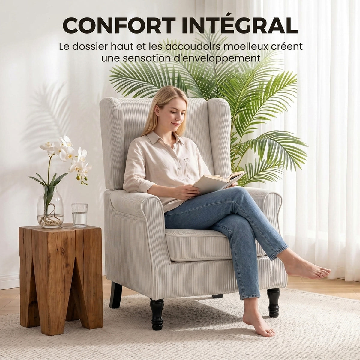 Fauteuil de Salon, Fauteuil d'Appoint Moderne en Velours Côtelé avec Haut Dossier à Oreilles, Coussin Lombaire, Beige-4