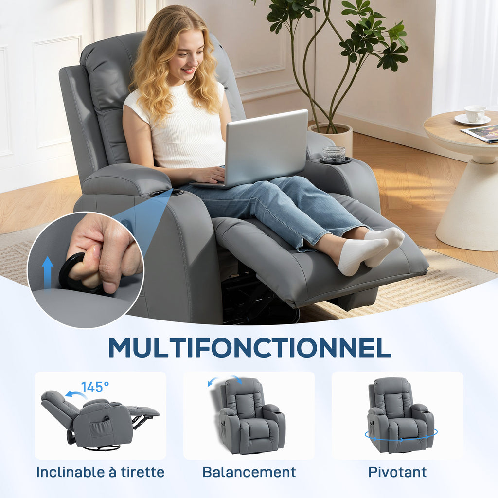 Fauteuil Inclinable de Massage et Chauffage, Fauteuil de Relaxation, Dossier Réglable, Pivotant, 82x99x103cm, Gris Clair-4