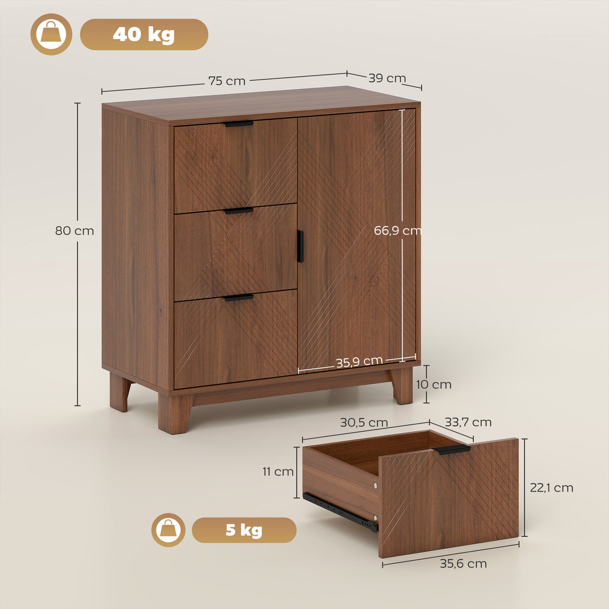 Buffet salon meuble de rangement avec placard à porte 3 tiroirs et étagère réglable 75 x 39 x 80 cm, effet bois marron-2