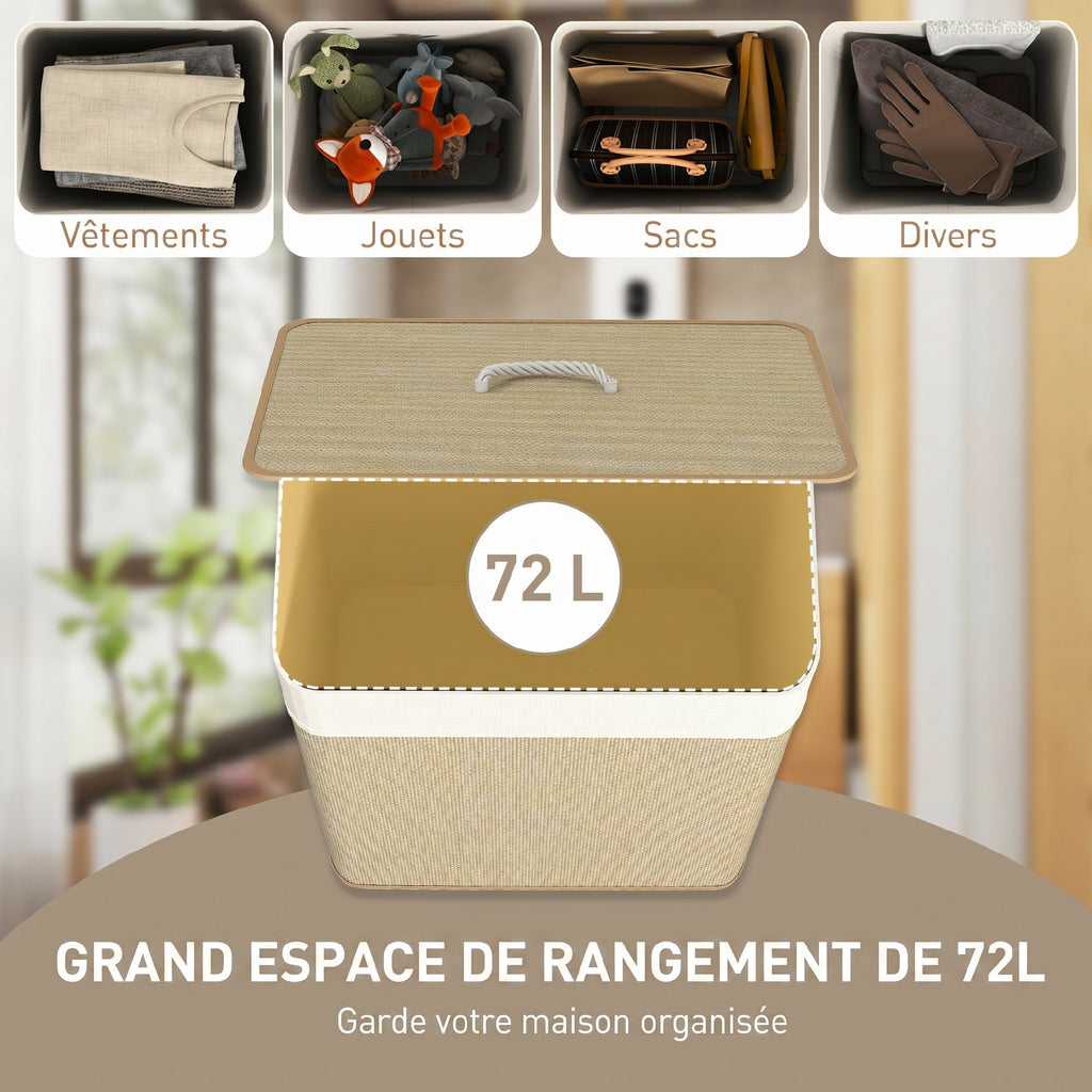 Panier à linge 72 L, corbeille à linge sale en bambou avec couvercle, poignées en corde, doublure amovible, crème-3