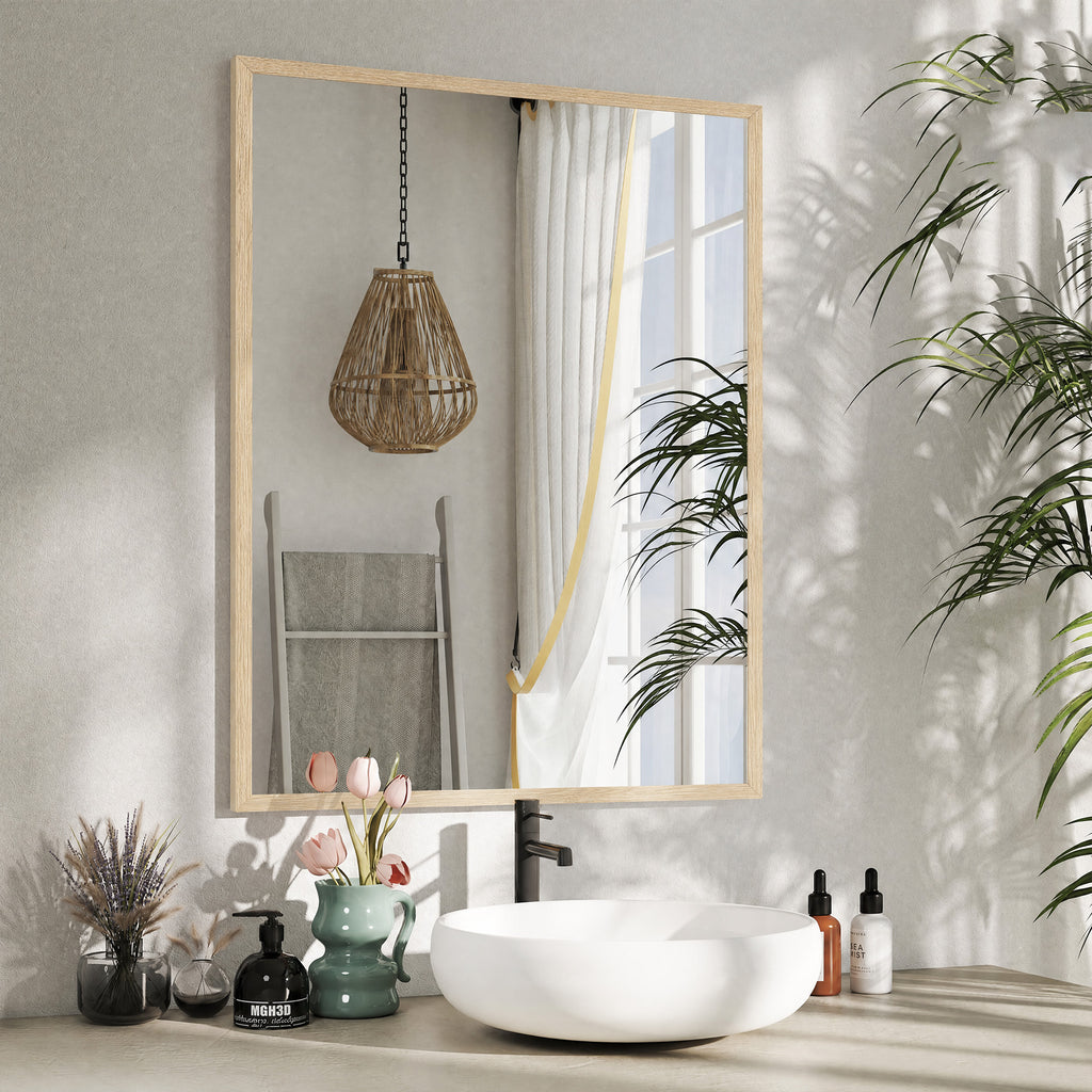Miroir mural rectangulaire 90 x 70 cm, cadre en bois, idéal pour la salle de bain, salon ou chambre, naturel-9