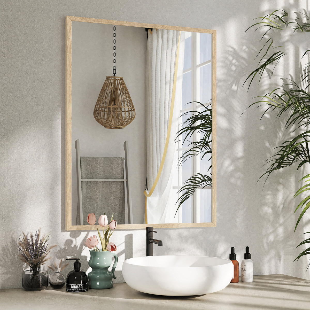 Miroir mural rectangulaire 90 x 70 cm, cadre en bois, idéal pour la salle de bain, salon ou chambre, naturel-9