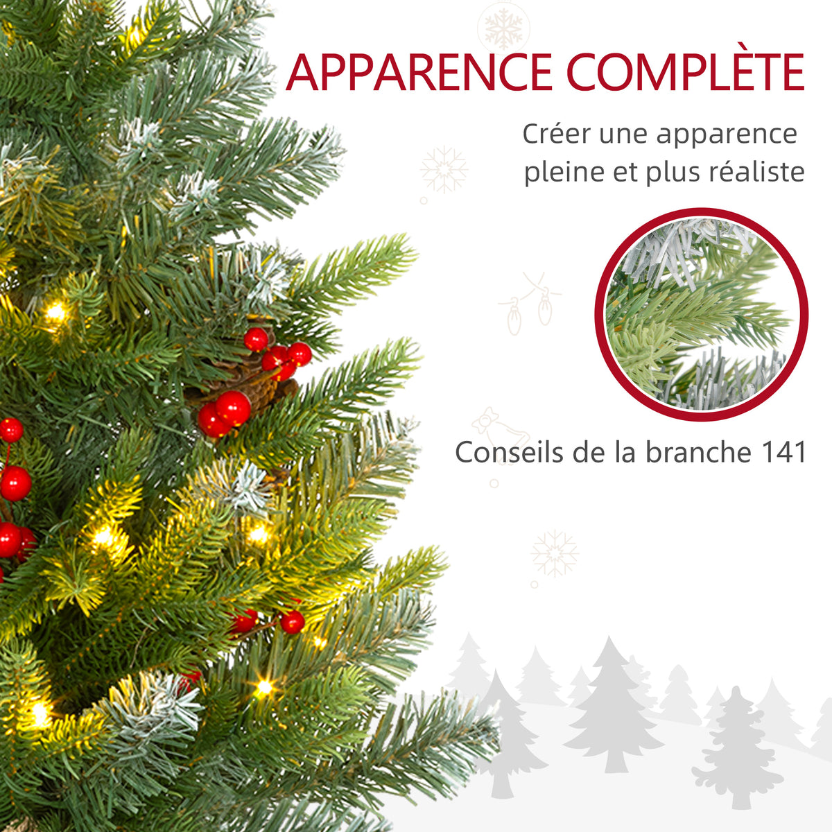 Albero di Natale da tavolo 60 cm con 20 LED, pigne e bacche rosse