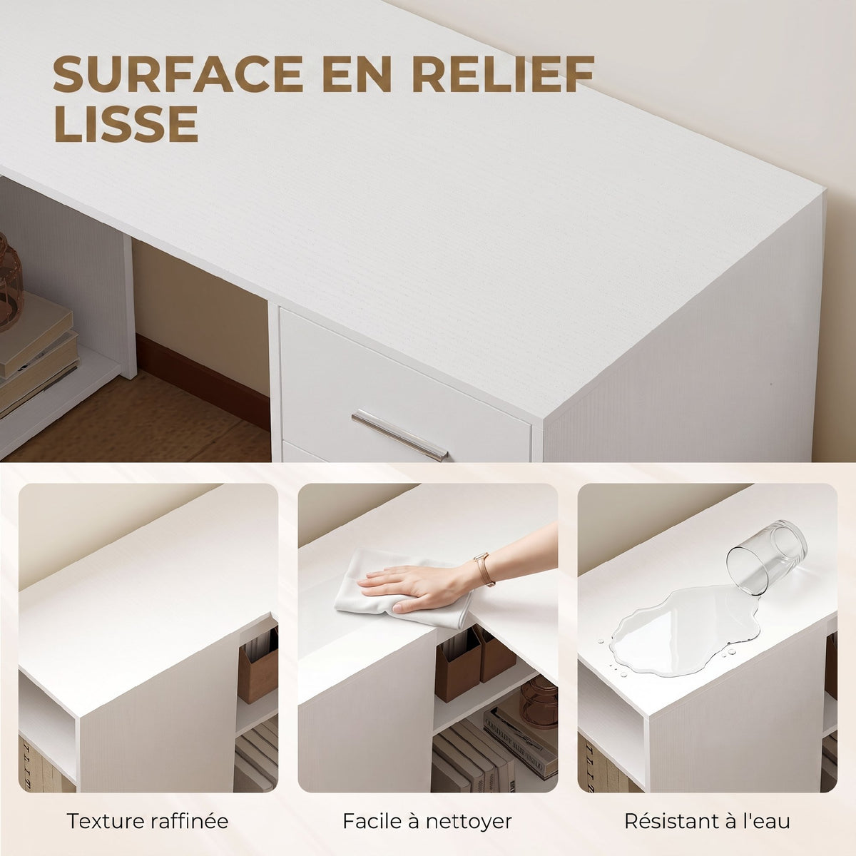 Bureau d'Angle, Bureau Informatique en L, 3 Tiroirs, 5 Compartiments Ouverts, Étagères Réglables, 140x100x75cm, Blanc-6