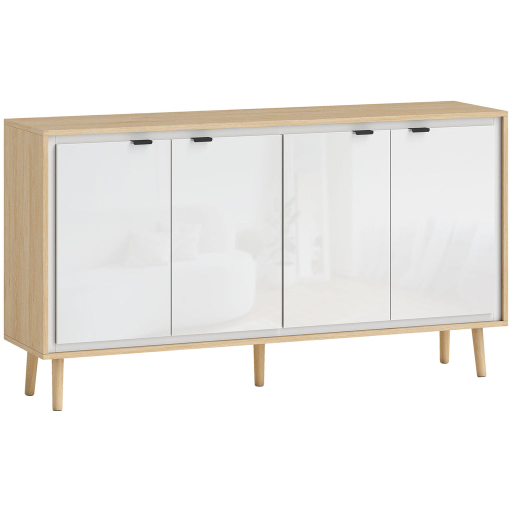 Buffet à haute brillance, meuble de rangement avec 4 portes, étagères réglables, 141 x 35 x 77 cm, blanc et chêne-0