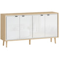 Buffet à haute brillance, meuble de rangement avec 4 portes, étagères réglables, 141 x 35 x 77 cm, blanc et chêne-0