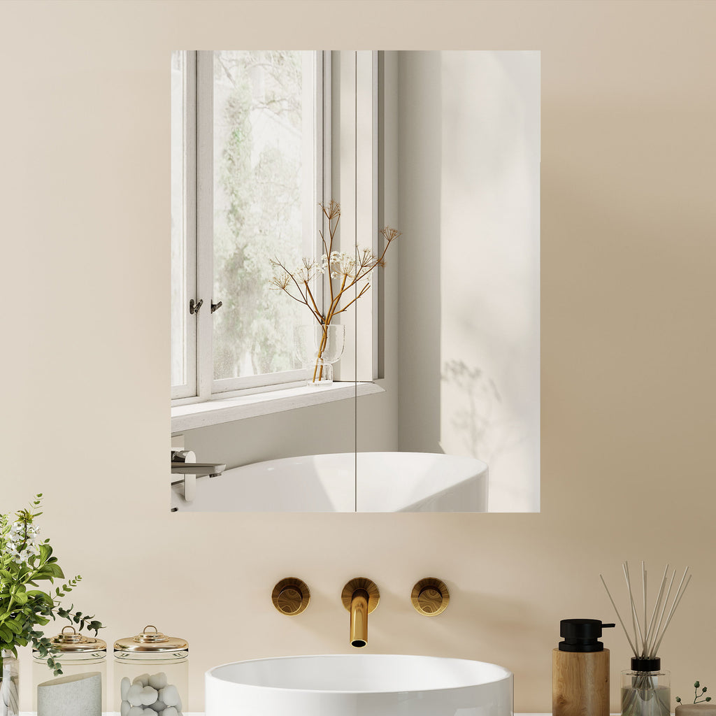 Armoire avec Miroir en Bois Rangement Salle de Bain Fermeture Porte Tampon MDF-8