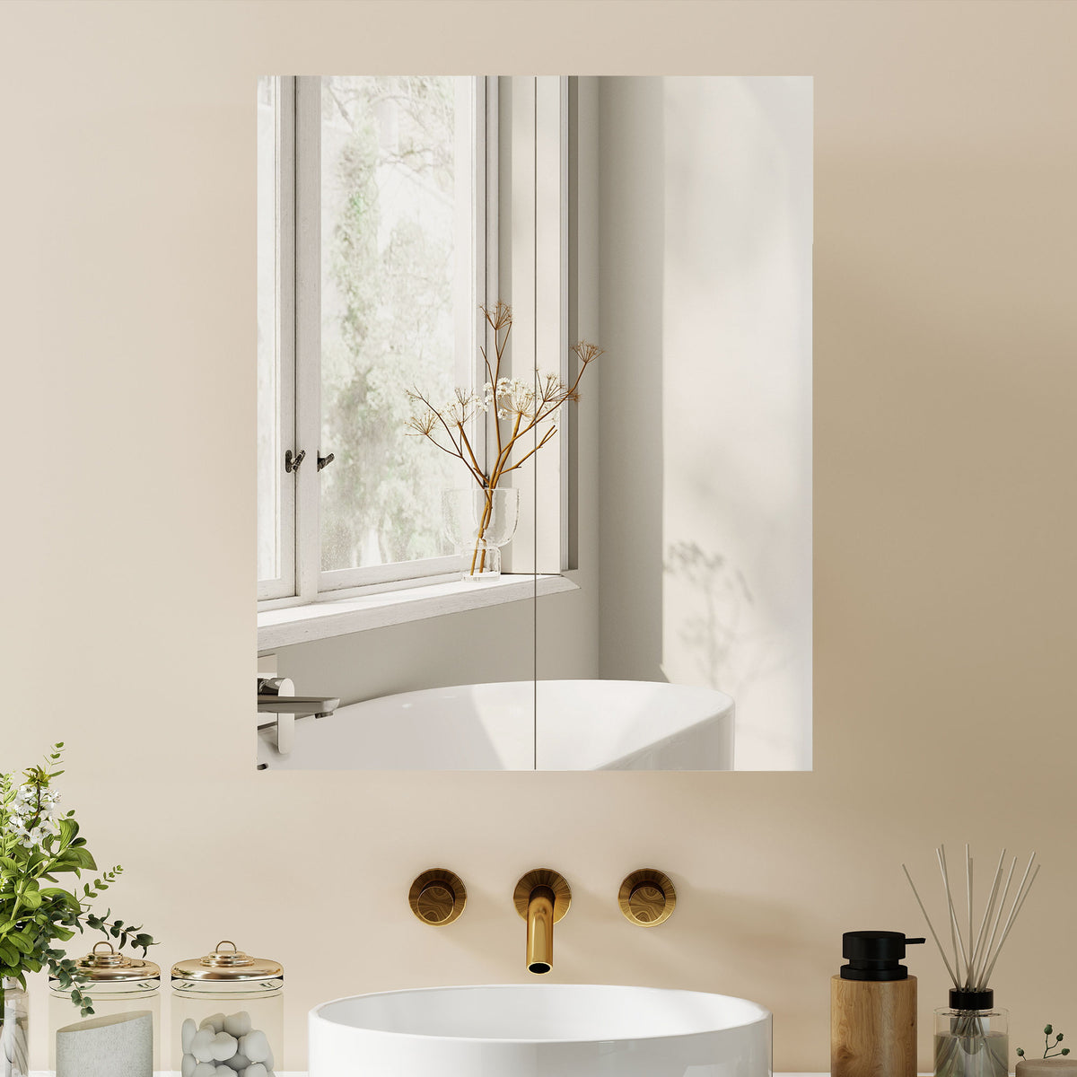 Armoire avec Miroir en Bois Rangement Salle de Bain Fermeture Porte Tampon MDF-8