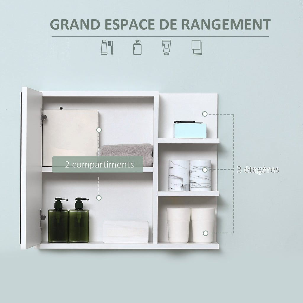 Armoire Miroir de Salle de Bain avec étagère 3 étagères latérales kit Installation Murale fourni en Bois Aspect Blanc-3